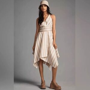 Anthropologie Maeve Asymmetrical White Tan & Blue Stripe Wrap Shirt Dress Size 0